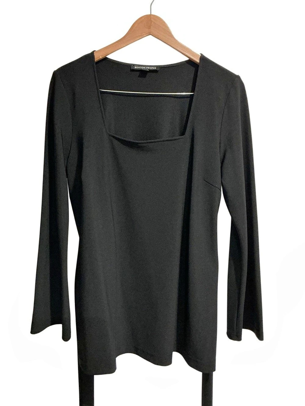 Boston Proper Women’s Square Neck Blouse Long Sleeve Black Tie Waist